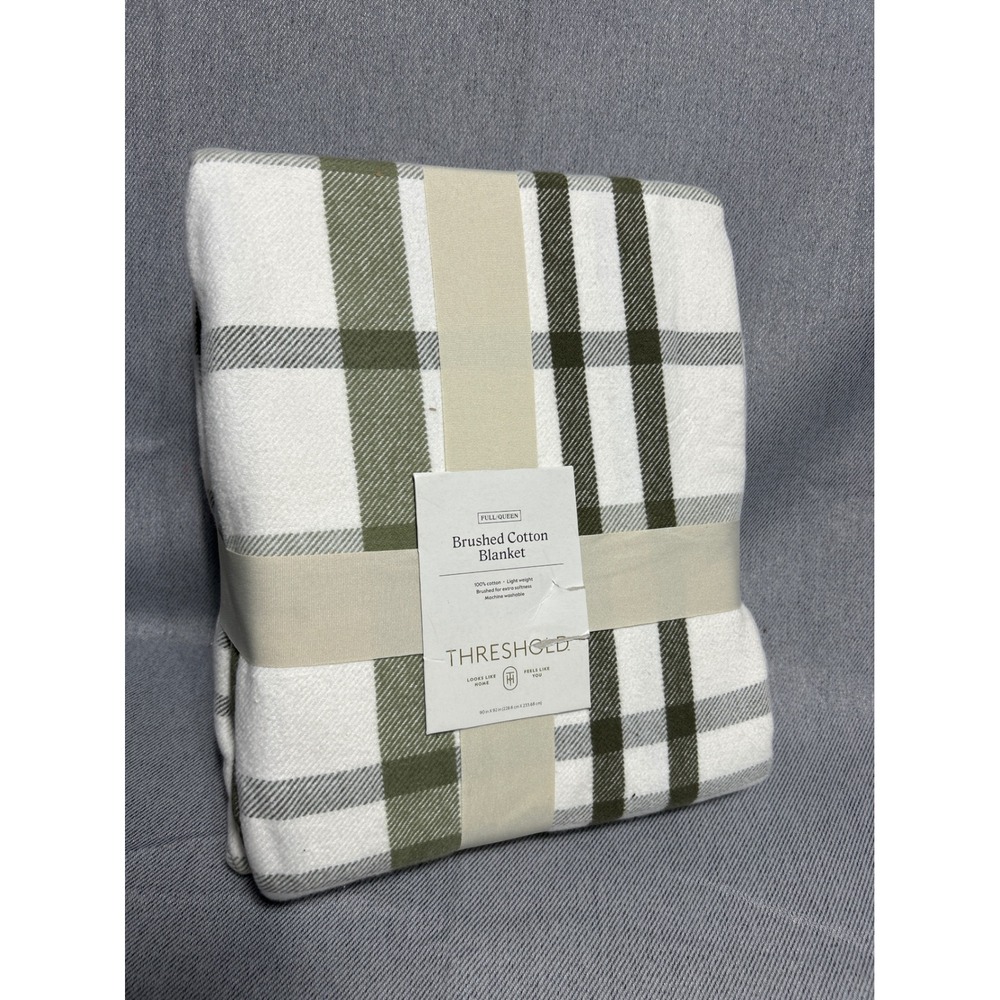 Threshold‎ Brushed Cotton Blanket Full/Queen Green White Plaid Soft Lightweight